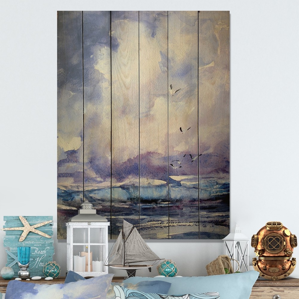 Designart 'Wave And Sea Gulls V' Nautical & Coastal Wood