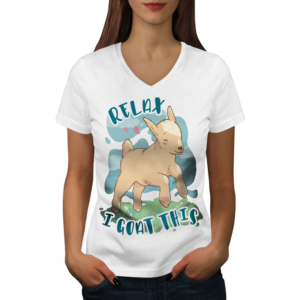 Wellcoda Relax I Goat This Cute Cartoon Goat Womens V-Neck T-shirt