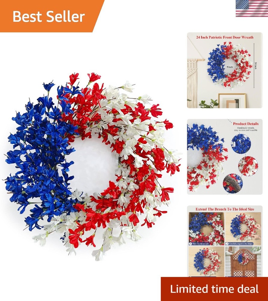 Patriotic 24 Inch Handcrafted Red White Blue Wreath for Memorial Day Summer Decor