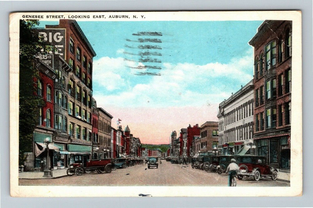 Auburn NY-New York Genesee Street Looking East, c1937 Vintage Souvenir Postcard