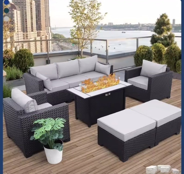 6 Pieces Outdoor Patio Furniture Propane Fire Pit Table Waterproof Anti-slip