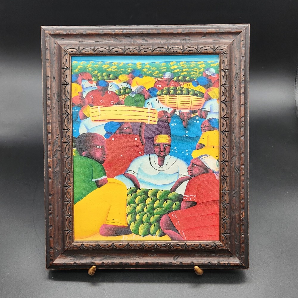 Signed Colorful Haitian Village Oil Painting Dorminier Wood Frame 10.75