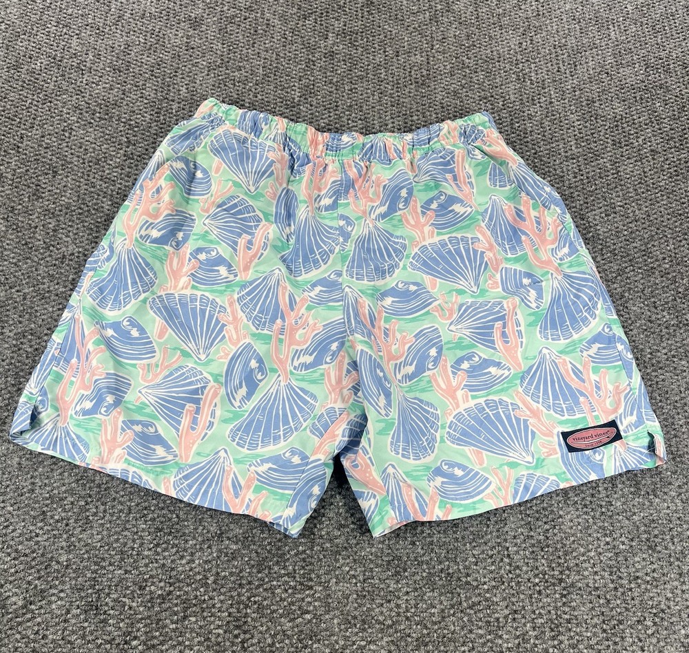 Vineyard Vines Swim Trunks Mens Medium Blue Sea Shells Beach Lined Drawstring
