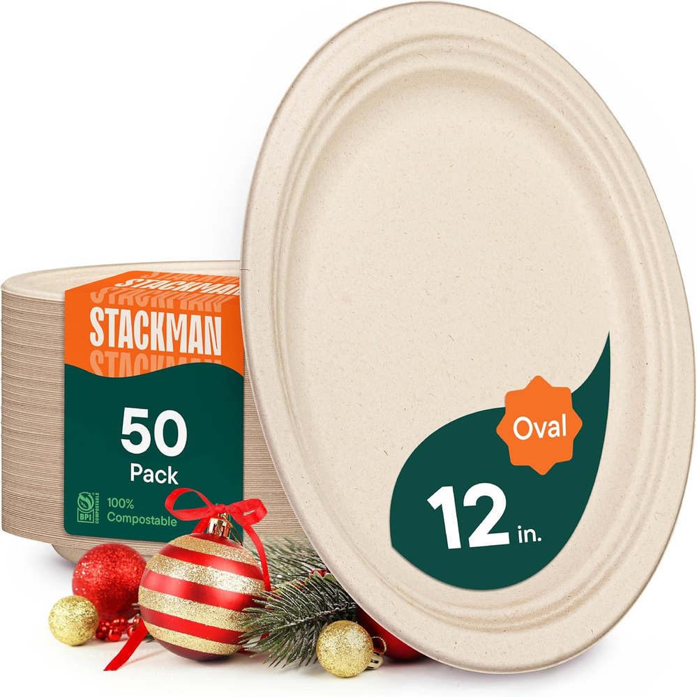 100% Compostable Oval Paper Plates [50-Pack] - {Pfas-Free} - {BPI Certified} - [