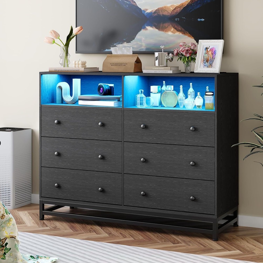 LED Double Dresser with 6 Drawers & Built-In Lights for Bedroom Storage-image