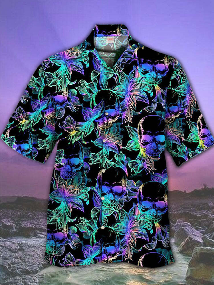 Vibrant Psychedelic Hippie Spiral Skull Hawaiian Shirt in Colorful Twist Design