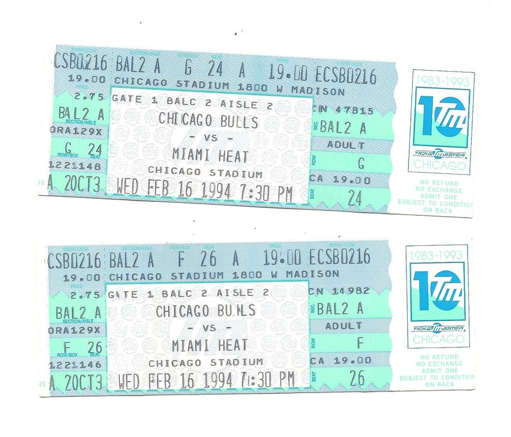 Chicago Bulls vs Miami Heat Unused Basketball Tickets February 16, 1994