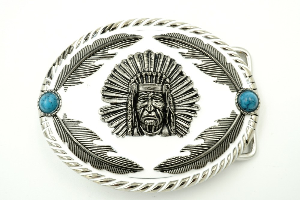 Native American Indian Chief w/ Feathers Enamel Western Metal Belt Buckle