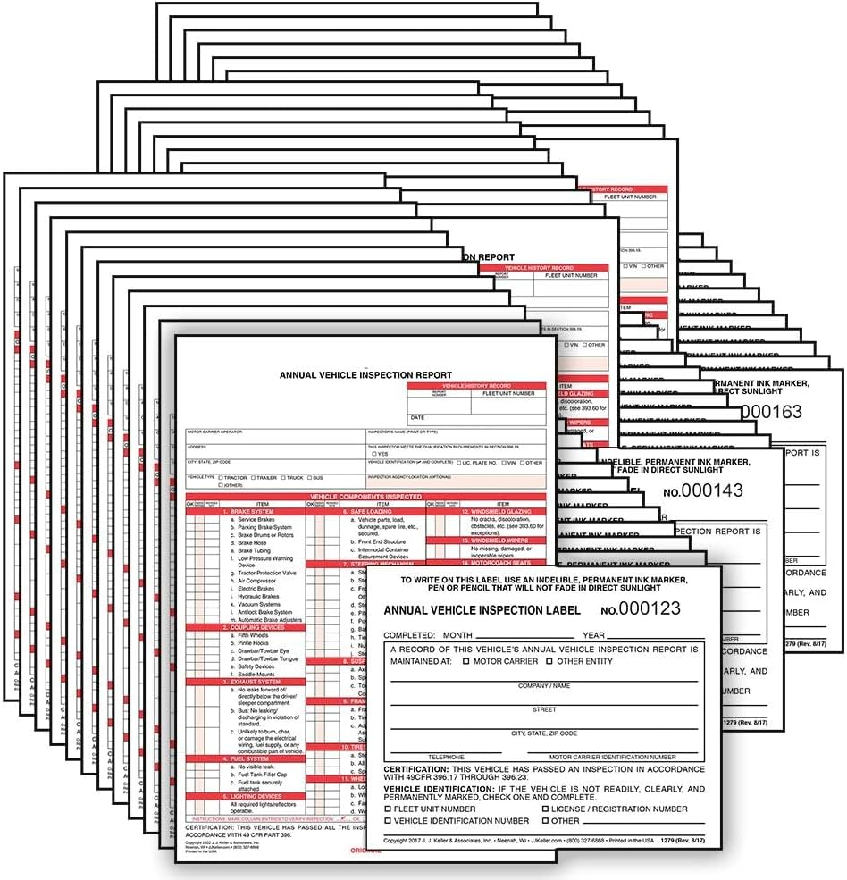 J. J. Keller 50-Pack, Annual Vehicle Inspection Report Form & Prenumbered Adhesi