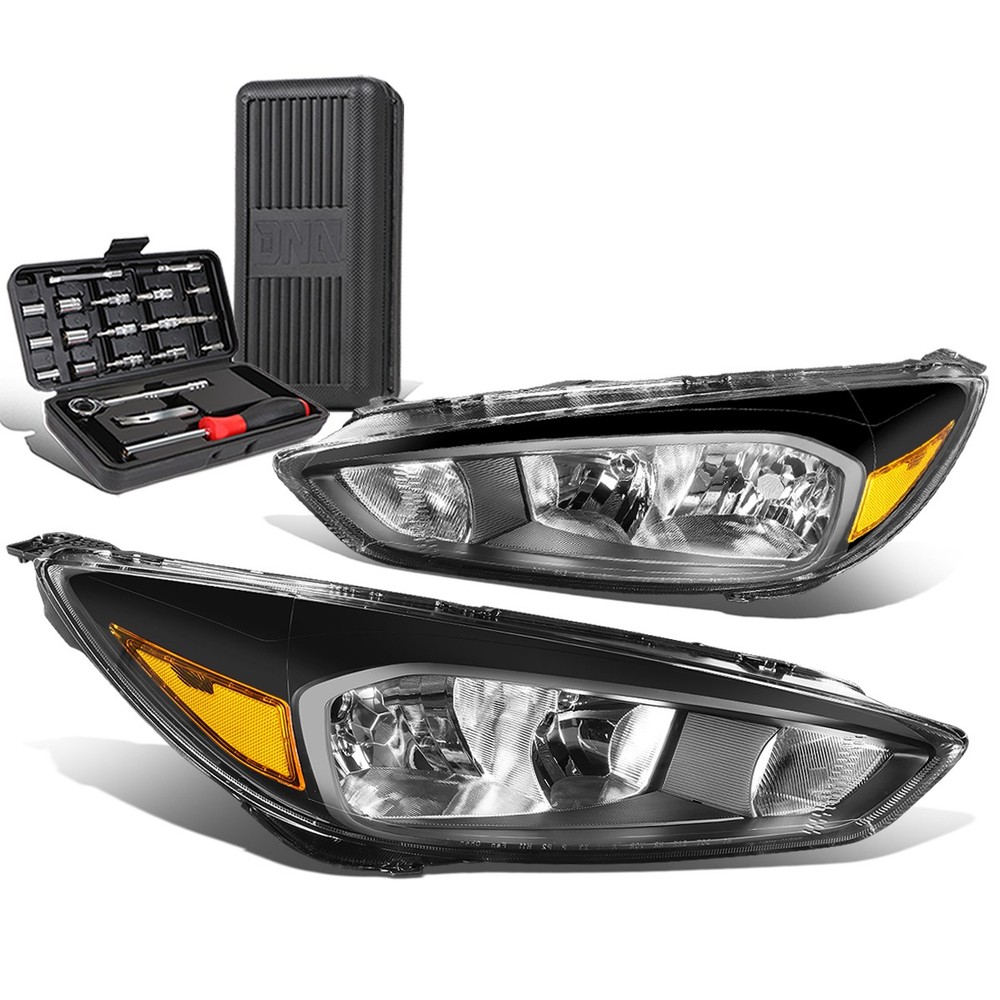 For 2015-2018 Ford Focus Gen3 Pair Black/Amber Signal Headlight Lamps+Tool Box