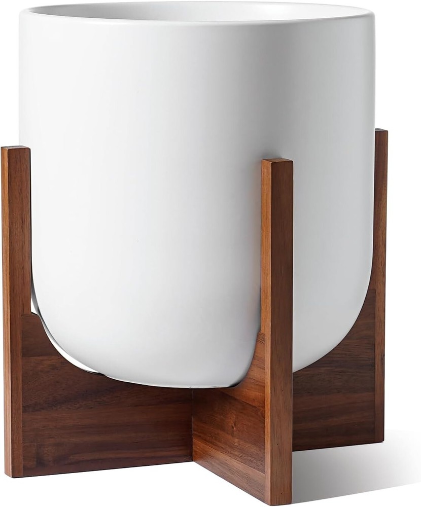 12 Inch Pots for Plants with Acacia Wood Stand, Ceramic Large Planters, White