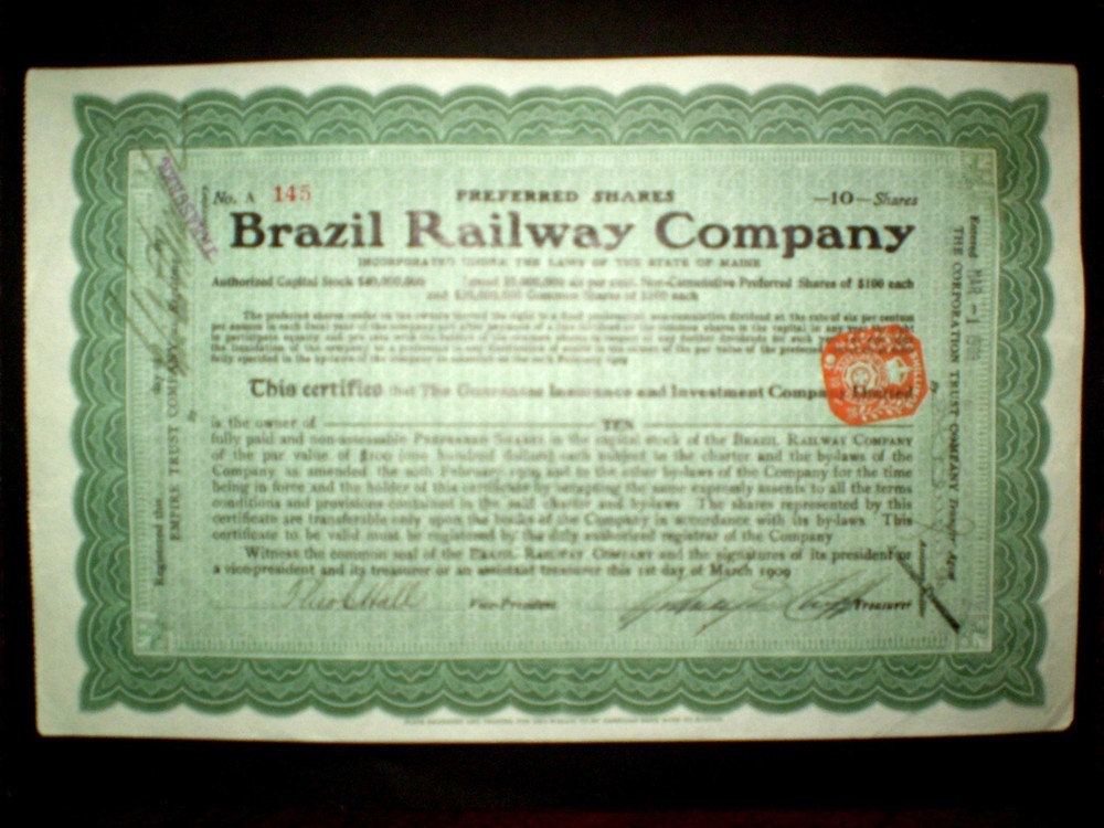 1909 Brazil Railway Company Share Certificate Vintage Collectible