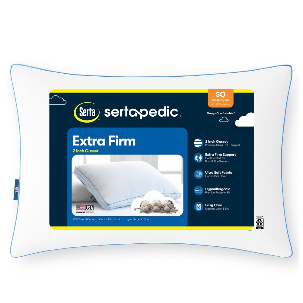 Sertapedic Extra Firm Standard/Queen Bed Pillow, Hypoallergenic