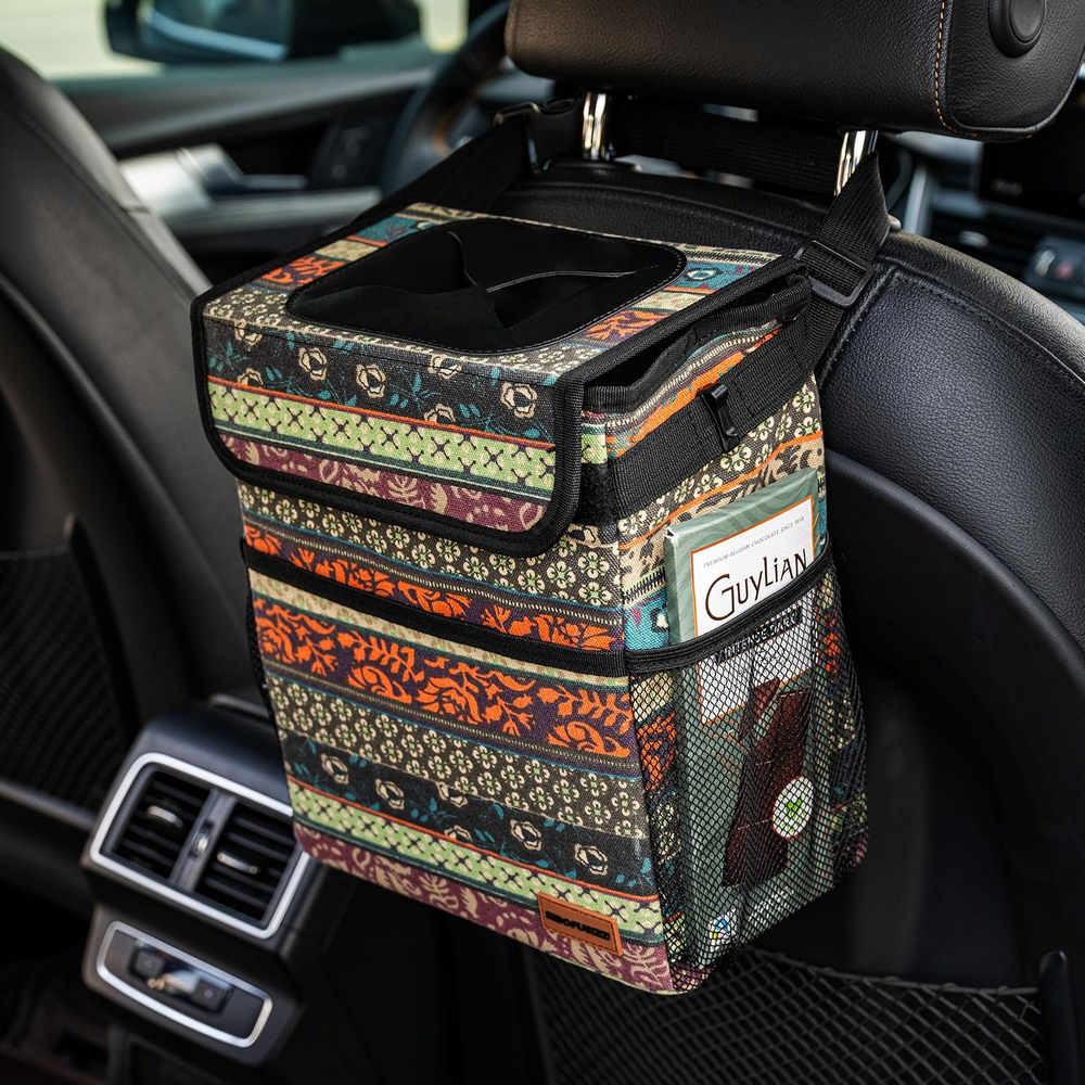 Car Garbage Can Cute - Leak-Proof Car Trash Can with Lid and Storage Pockets, Ca