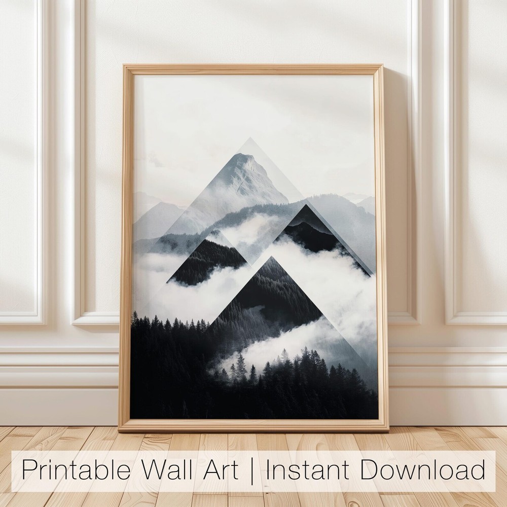 Geometric Mountain Wall Art Black And White Landscape Printable Minimalist