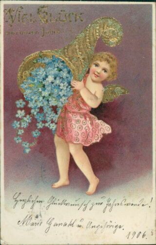 Ansichtskarte Neujahr Neues Jahr 1905 Prägekarte Mädchen Blumen (9873)