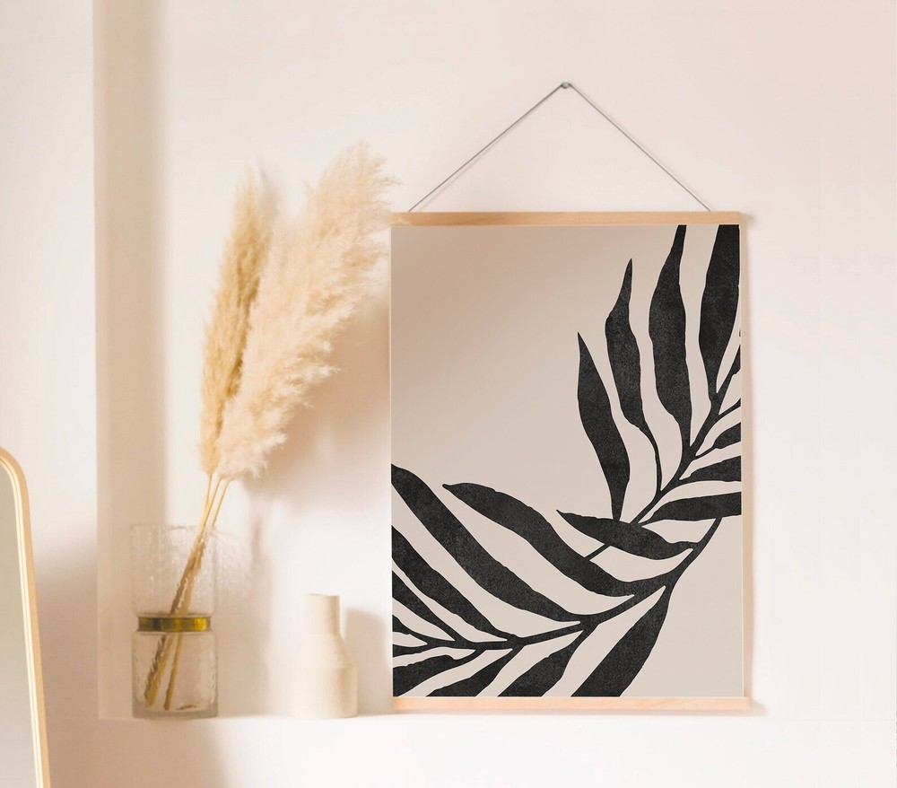 Mid Century Modern Beige Black Wall Art Art Art Abstract Botanical Print