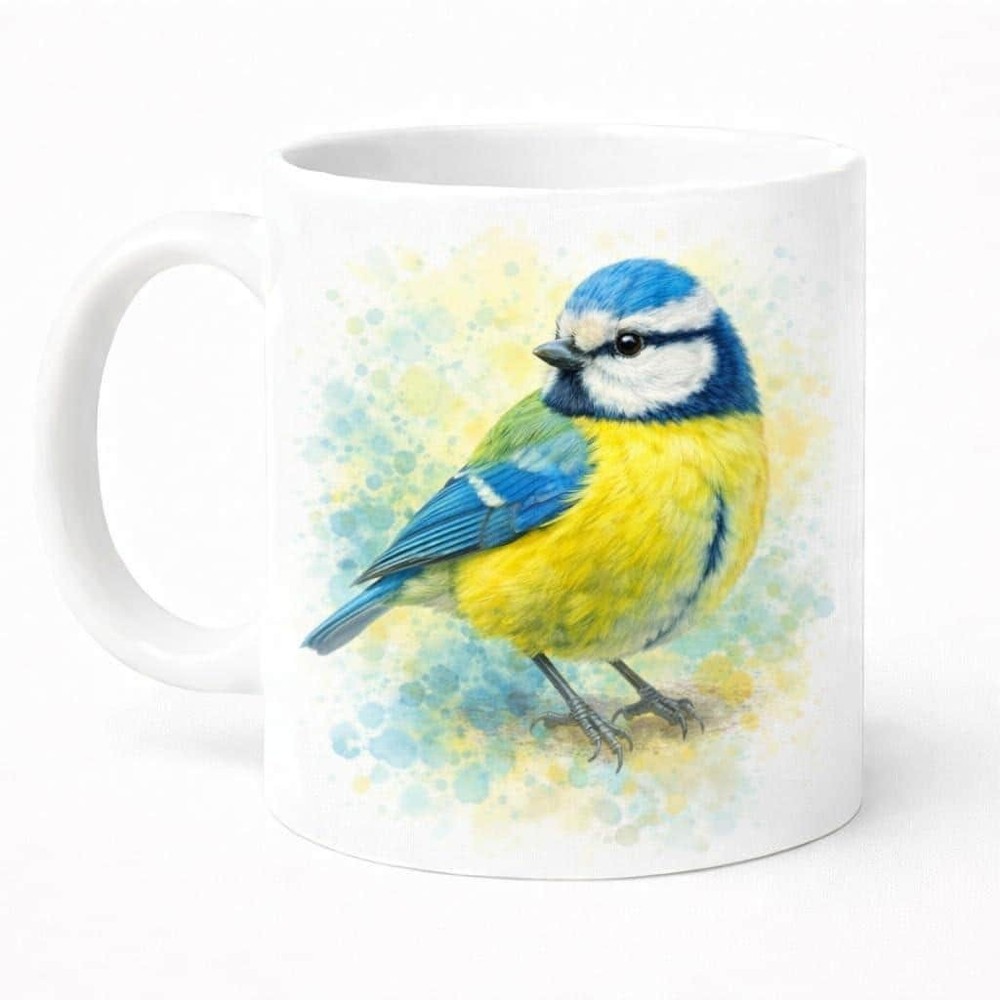 Brew Crew Gifts Blue Tit Watercolour Mug, White Ceramic, 11oz, Bird Wildlife The