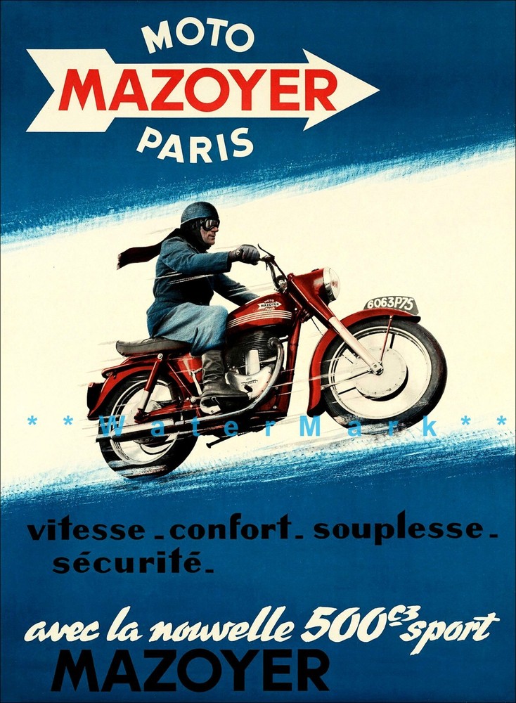 Moto Mazoyer Paris 1950 Vintage Poster Print Retro French Advertising Style Art