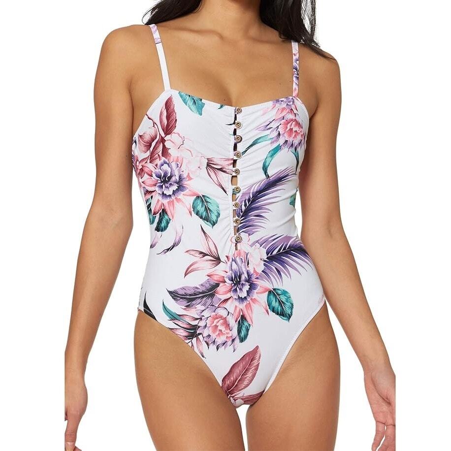 Jessica Simpson Women White/Purple Floral Button One Piece Swimsuit Size L