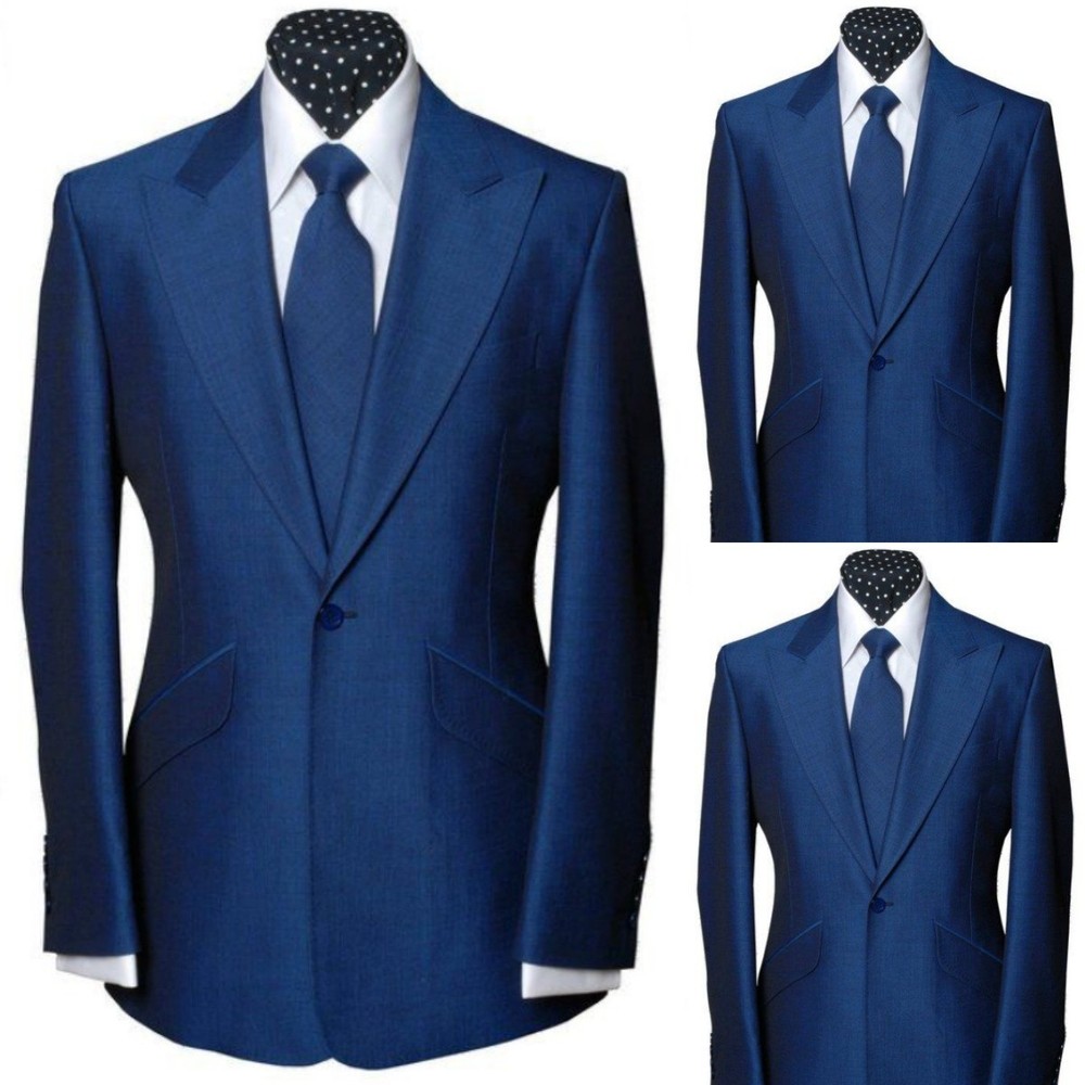 Blue Men Suits Peak Lapel Formal Business Wedding Groom Tuxedo Slim Fit 2 Pieces
