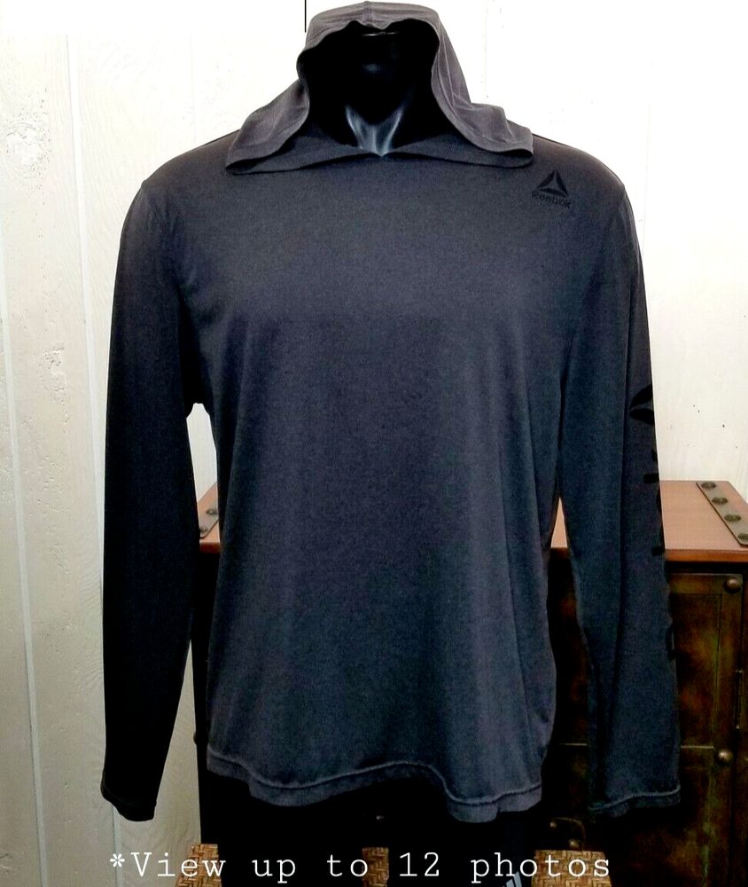Reebok Performance Pullover Hooded Graphic Sleeve Gray Heather L/S Shirt LG NOTE