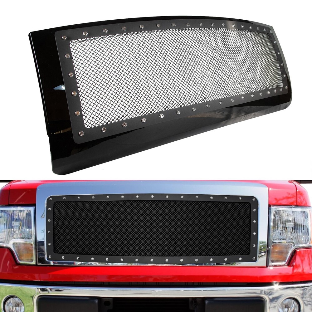 Fits 2009-2014 Ford F-150 Front Upper Stainless Steel Mesh Rivet Studs Grille