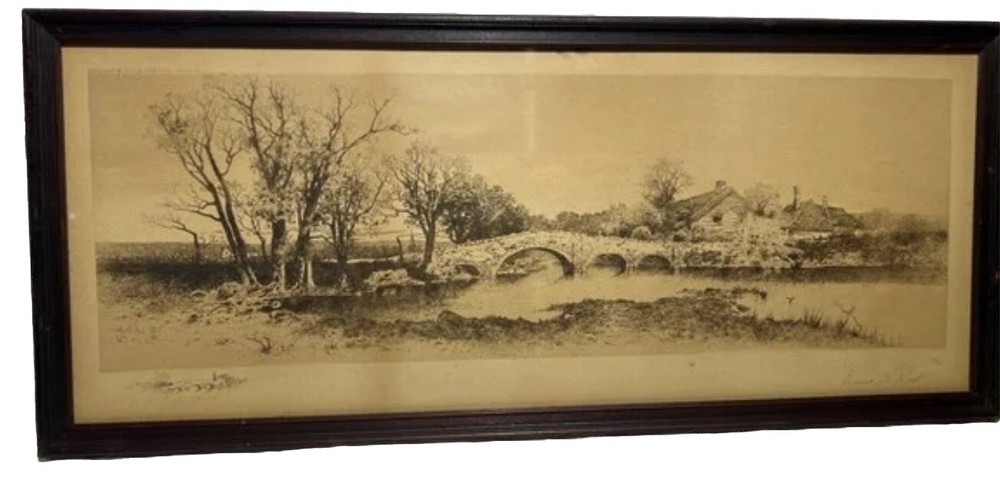 Antique Earnest C. Rost Etching Landscaping Framed /Signed 10.5”x24.5”(RARE)