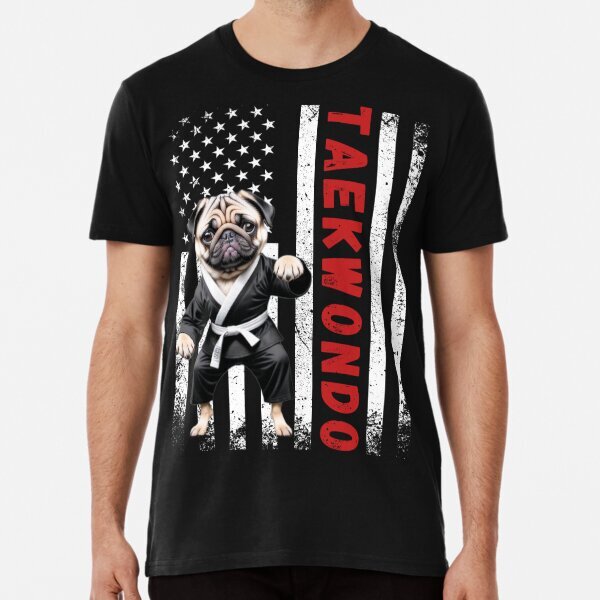Taekwondo USA Flag Pug Dog Black Uniform Tee Great Gift Premium T-Shirt S-5XL