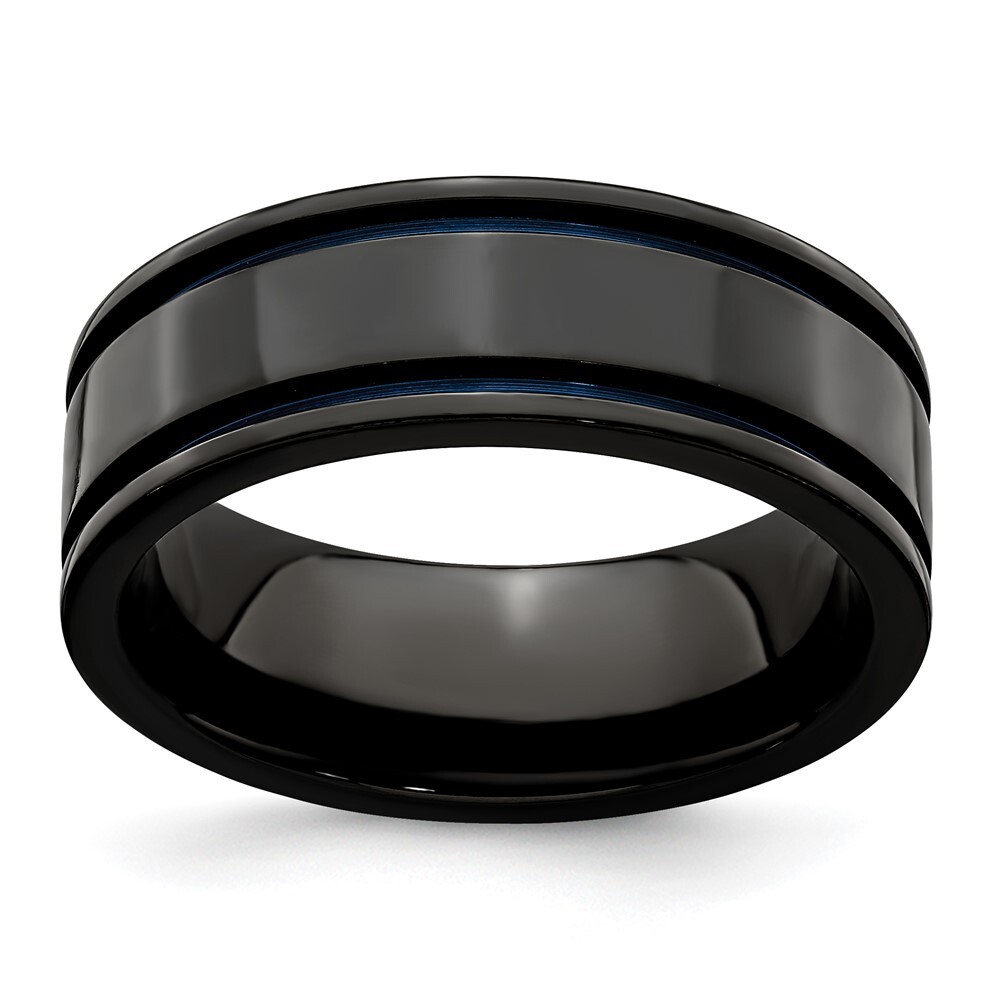 Titanium Black Titanium with Blue Anodized Grooves Flat 8mm Band Ring Size 11