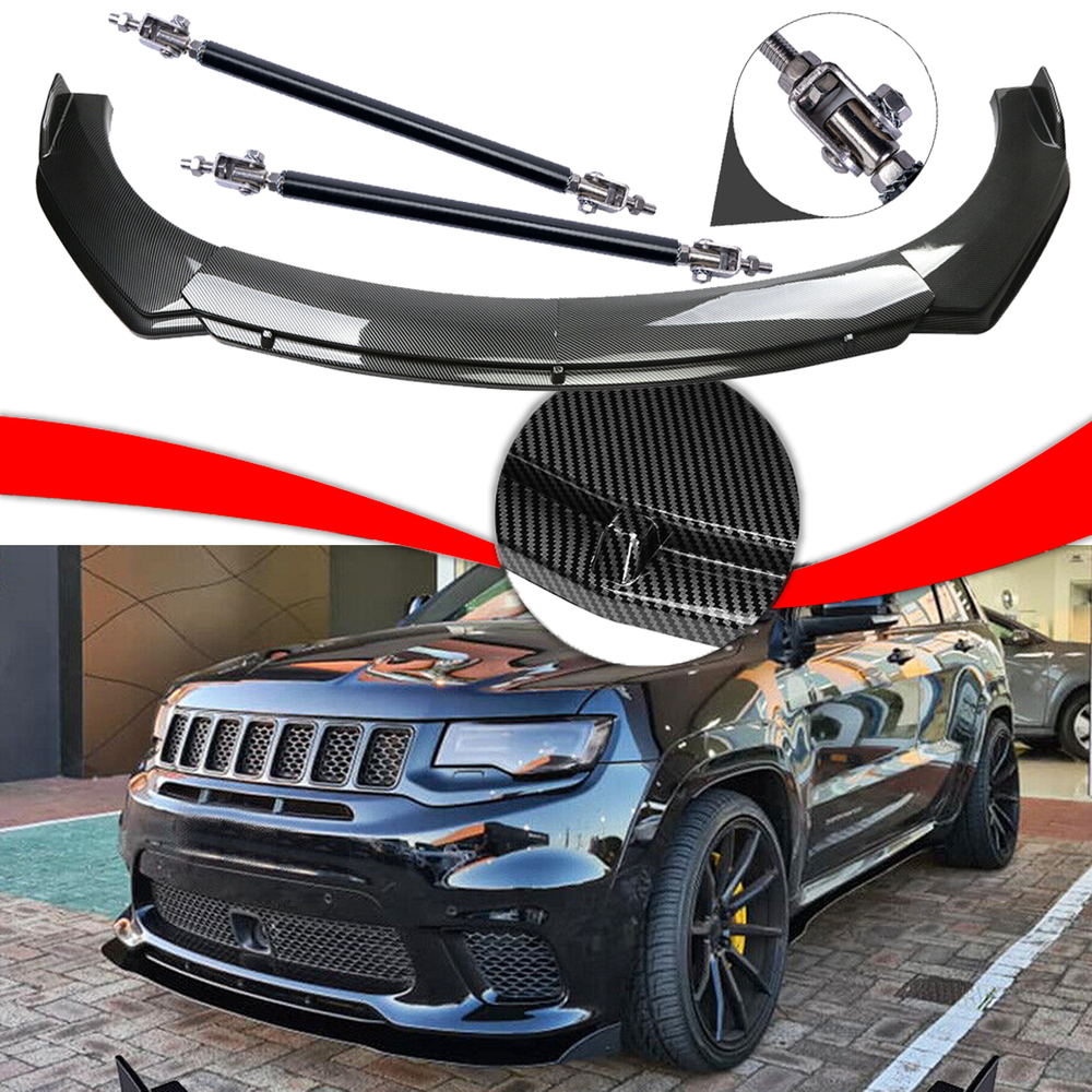 For Jeep Grand Cherokee Carbon Fiber Style Front Bumper Lip Spoiler Strut /Rods