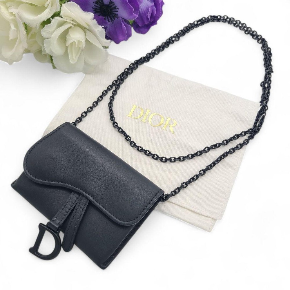 Dior Nano Saddle Chain Wallet Black Leather Luxury Handbag for Women