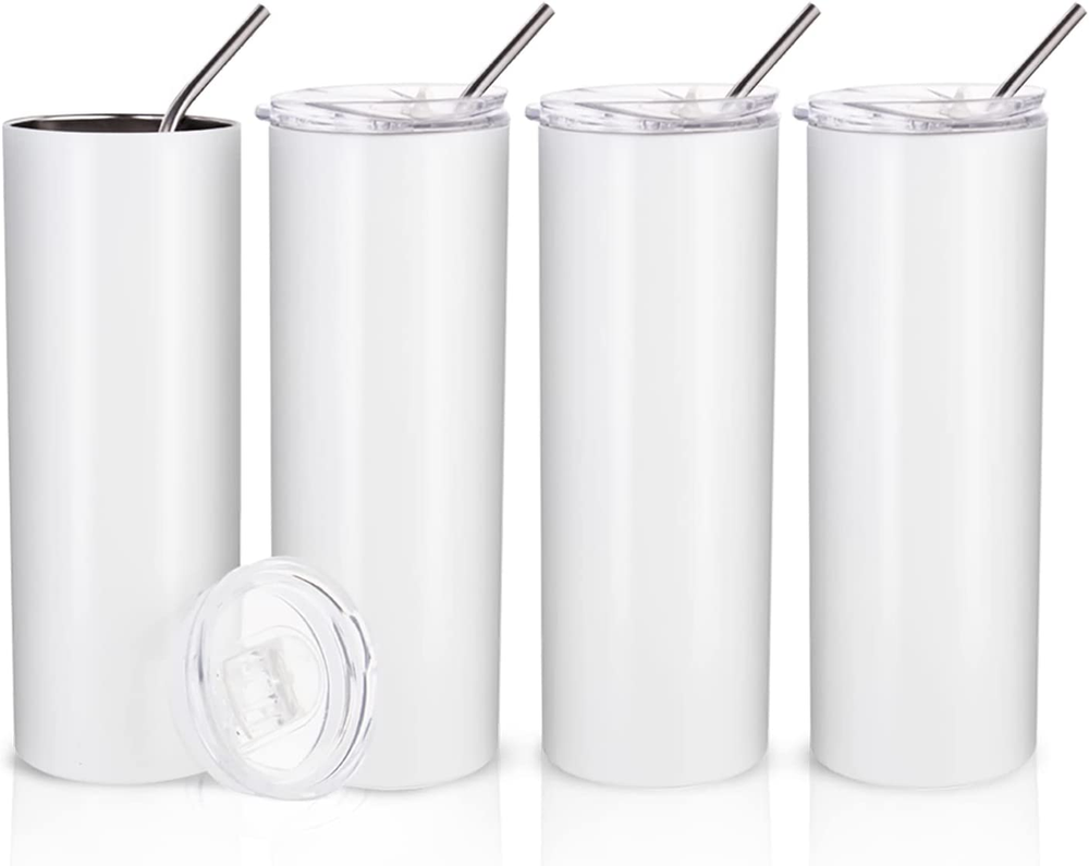 Slim 20oz Stainless Steel White Tumbler with Metal Straw Hot Cold Drink Cup