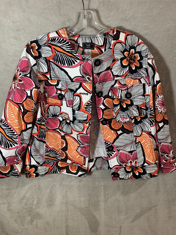 Lark Lane Womens Jacket Size Ten Bright Floral Print Button Up Lightweight