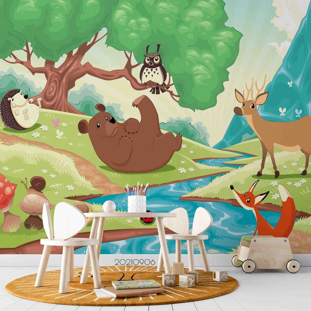 3D Cartoon Forest Animal River Wall Murals Wallpaper Murals Wall Sticker 241