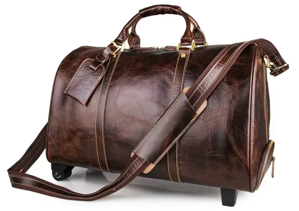 Travel Duffel Bag with Wheels Leather Unisex Weekender Bags Brown
