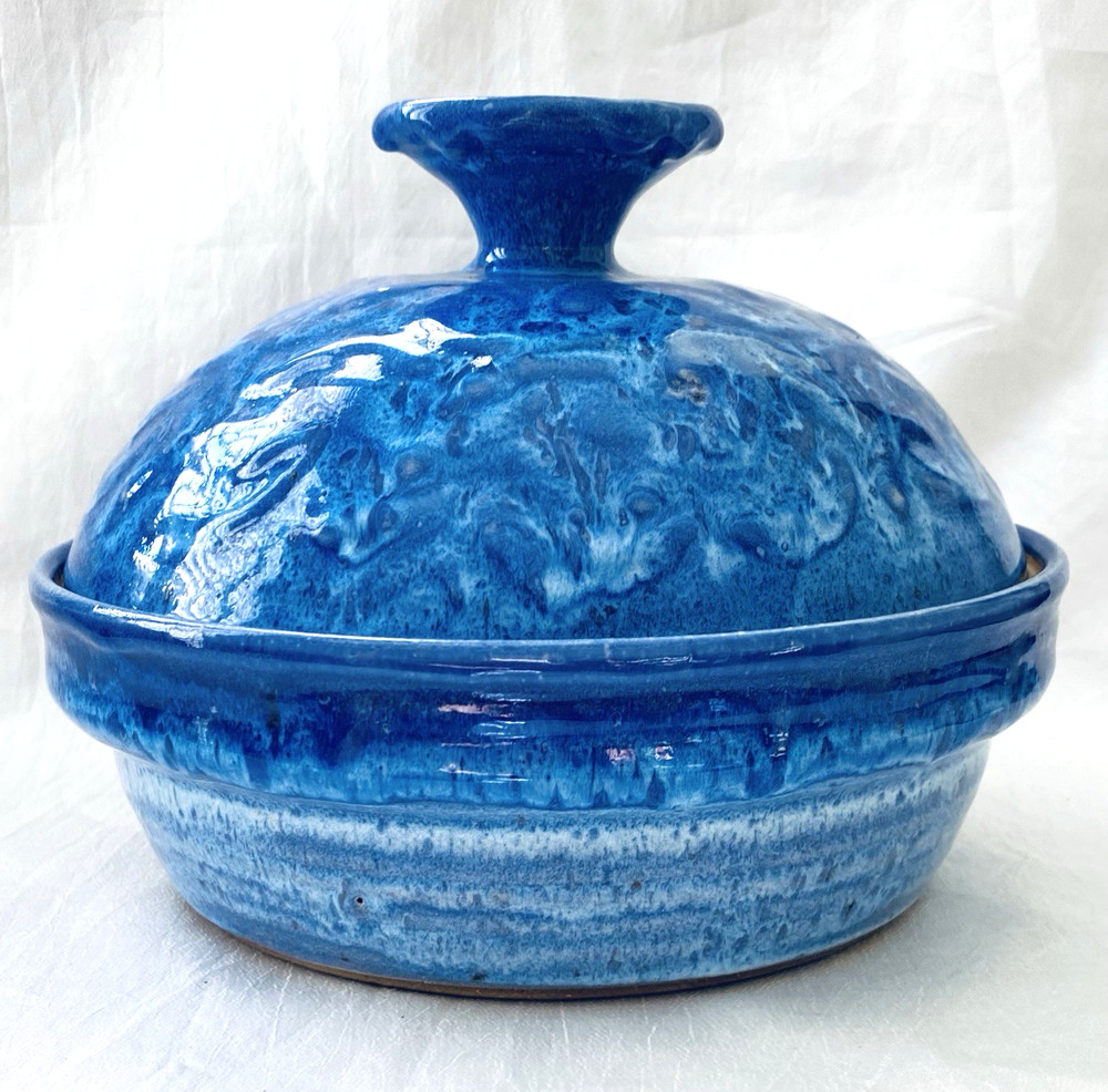 Vintage BLUE Pottery Stoneware Funnel Steam Pot w/ Lid - Casserole - Bundt Cake