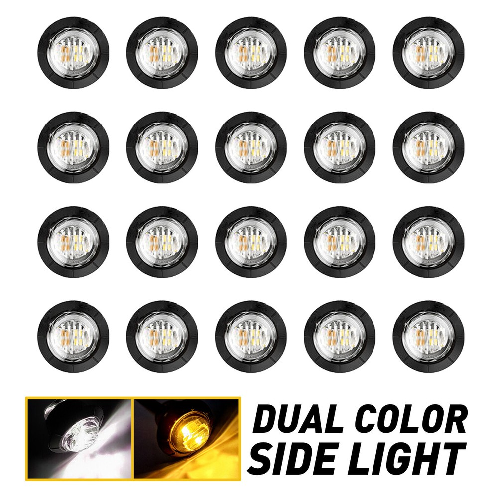 20x LED Round Bullet Side Marker Lights for Trucks Trailers 12V Dual Color Amber White