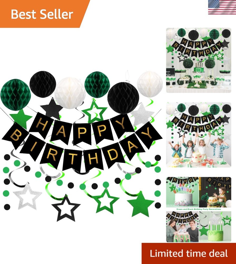 Elegant Green and Black Birthday Party Decor Set with Banner Honeycomb and Streamers