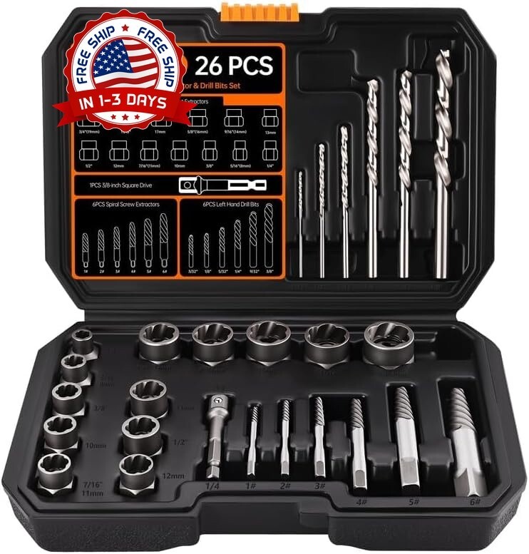 Extractor De Tornillos Rotos Dañados Barridos Kit Para Sacar Tuercas Pernos 26PC
