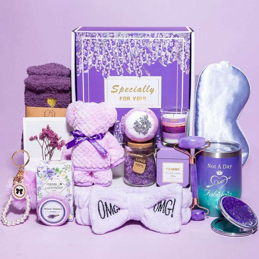 Valentines Gift for Women Purple Gift Basket Lavender Relaxing Gift Set for Her