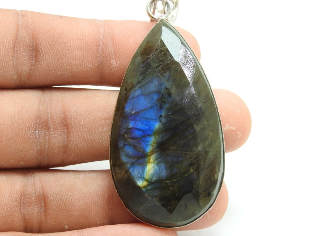 Christmas Gift Labradorite Brass Pendant Faceted Cabochon Multi Fire Jewelry