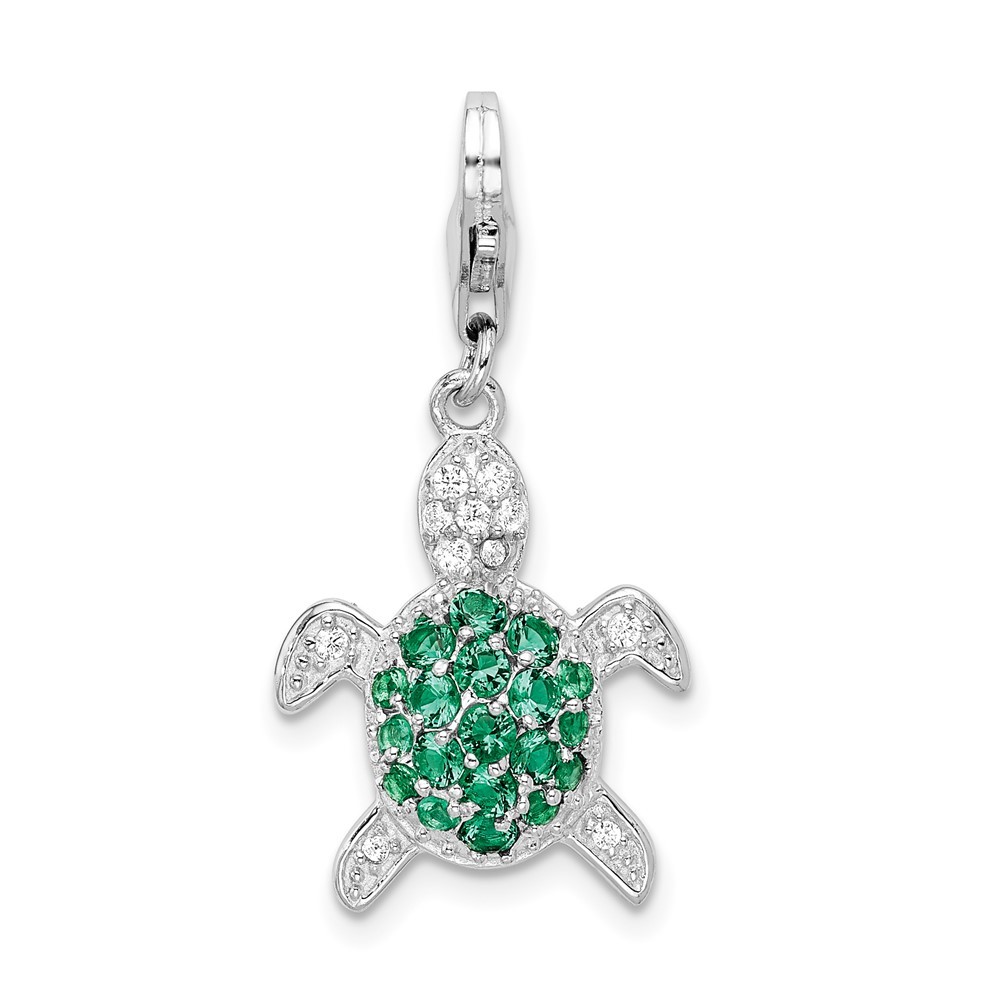 Sterling Silver Polished Green and Clear Cubic Zirconia Turtle Charm Pendant