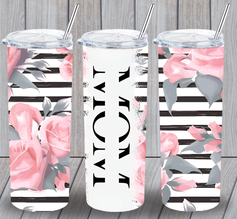 Mom Life 19 Mom Pink Gray Roses 20oz Insulated Tumbler Lid Clear Straw New