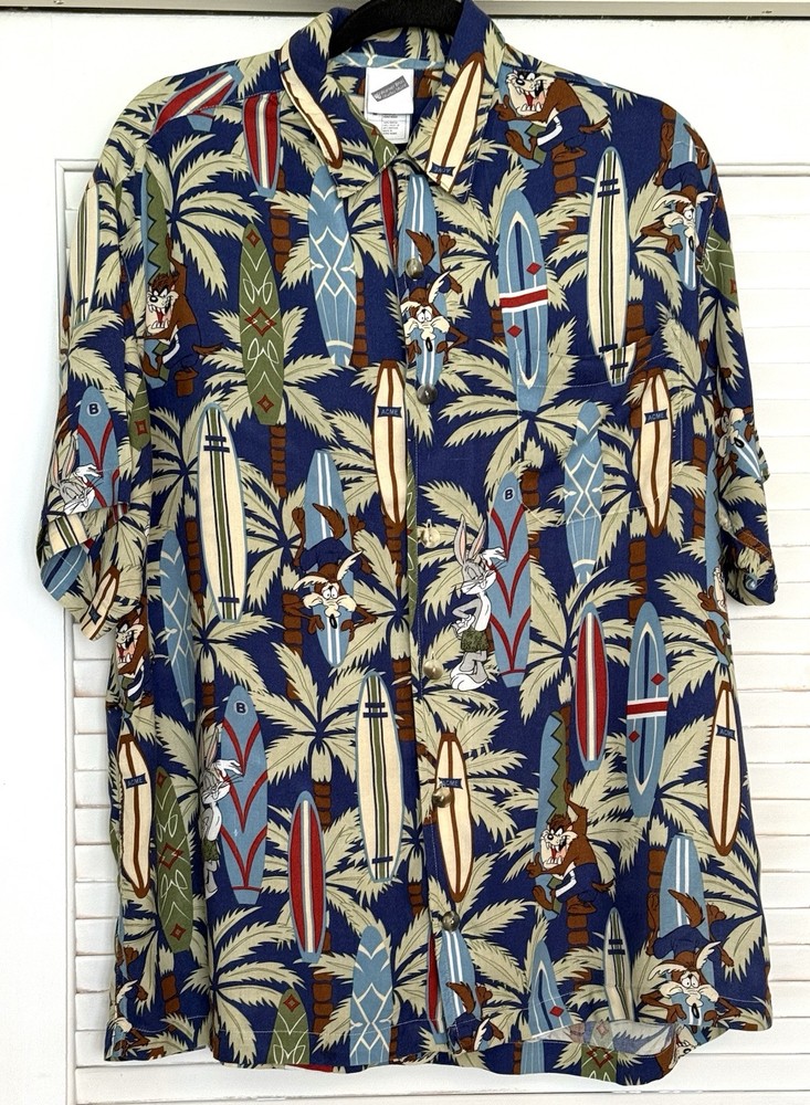 Vintage 90s Warner Bros Hawaiian Surfboard Taz Bugs Wiley Shirt Men Medium B300