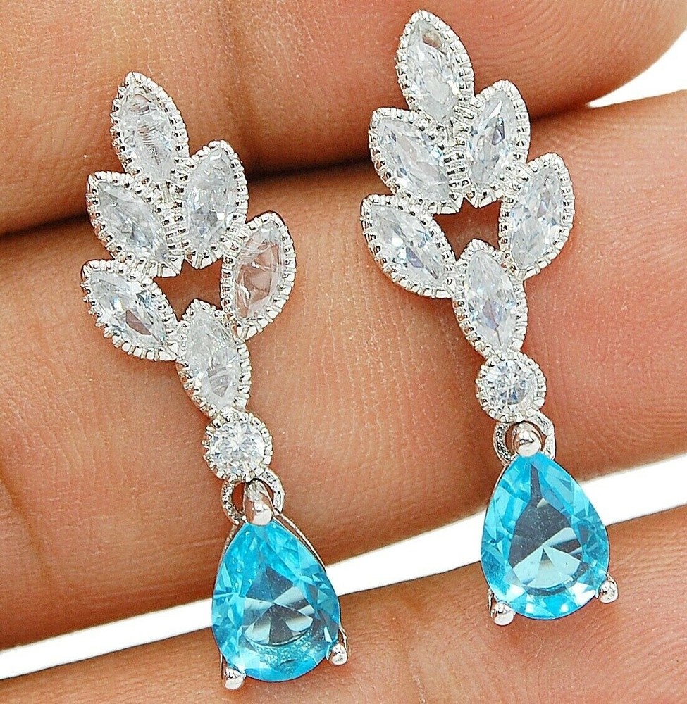 2CT Aquamarine White Topaz 925 Sterling Silver Earrings Y3-2