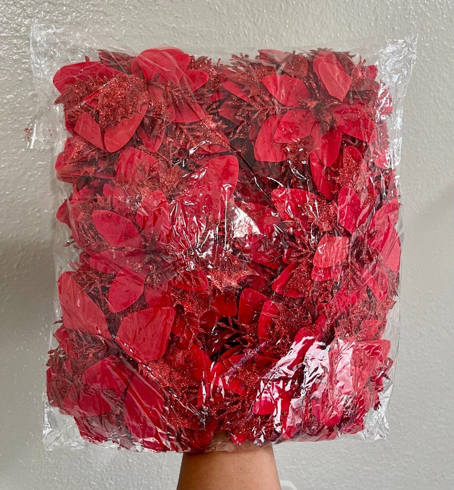 50 RED FLOWERS BAG CHRISTMAS POINSETTIA GLITTERS HANGING TREE DECORATION