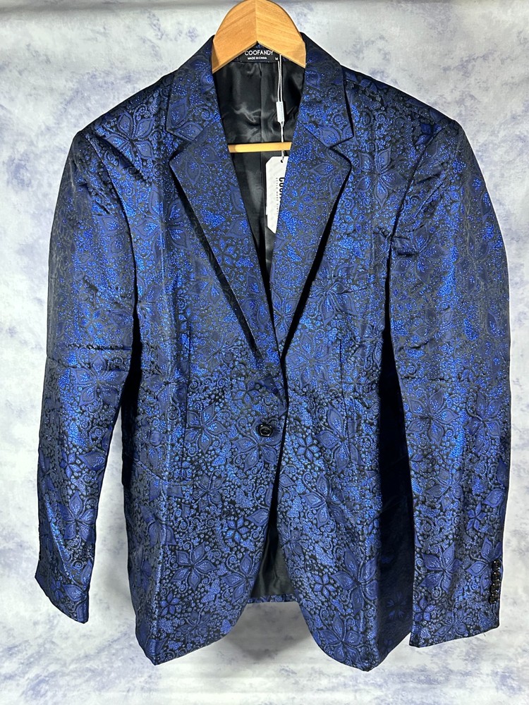 COOFANDY Mens Navy Blue Paisley Blazer with Red Bow Tie Size M New With Tags