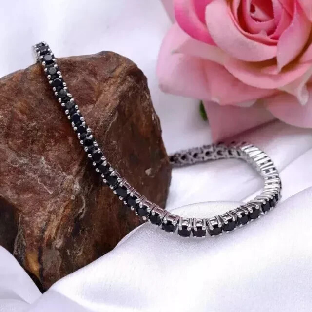 9Ct 14K White Gold Plated 4mm Lab-Created Black Diamond Tennis Bracelet 7.5 Inches