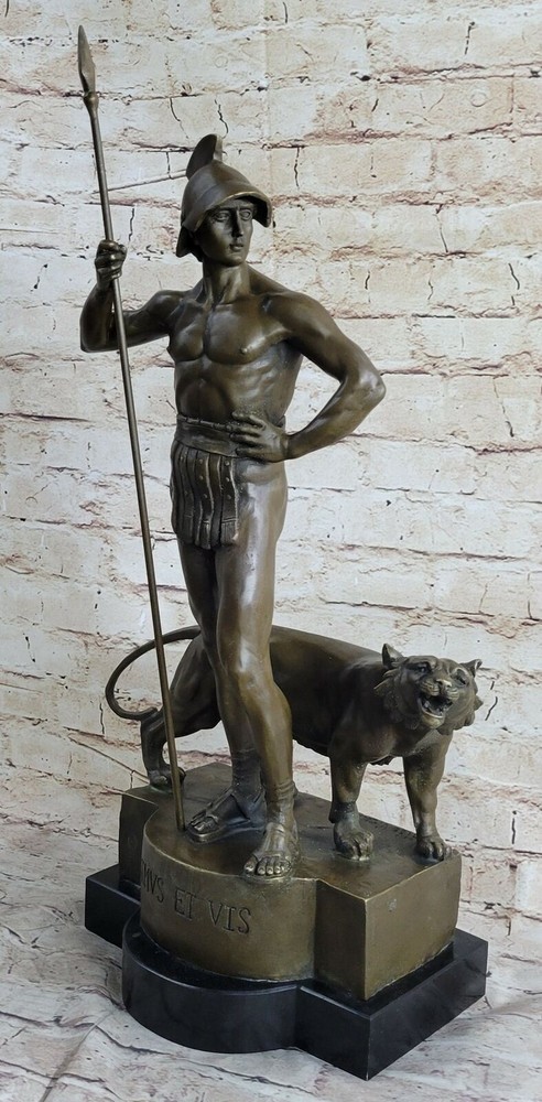 Handmade Art Deco Nude Warrior Protecting Tiger Bronze Statue Museum Quality NR
